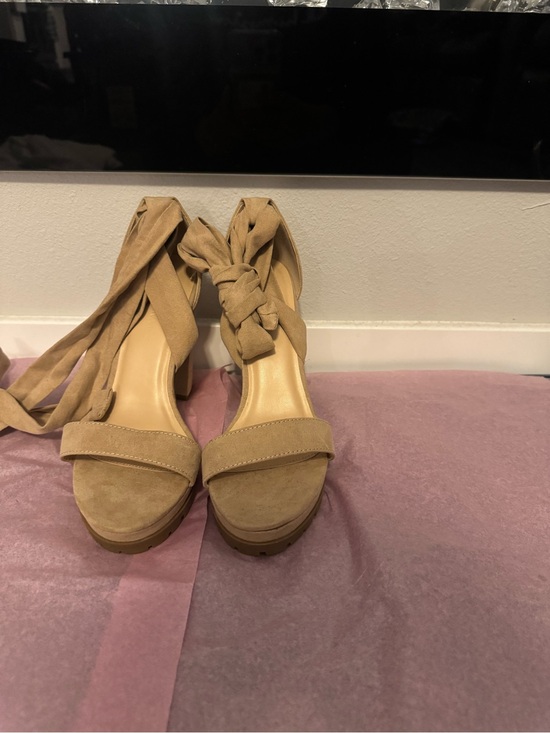 Fashion Nova Shoes - Fashion Nova Tan Suede Wrap Platform Heels